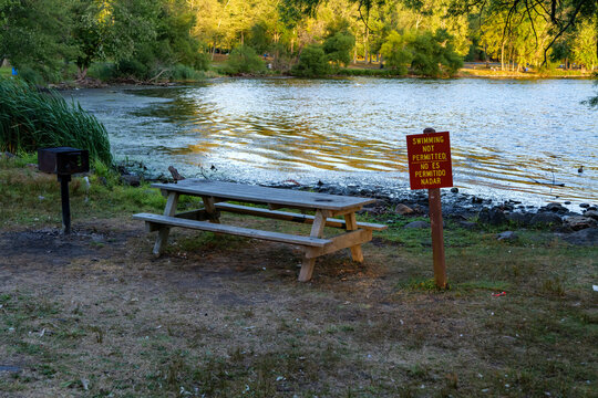 Swimming Not Permitted Sign Near Water At Rockland Lake State Park. New York. High-quality Photo