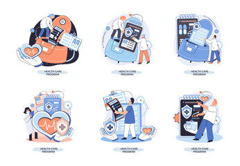 Fototapeta premium Health care program metaphor, online medical services, protection medicine. Medical insurance, hospital services, preventive check up, sick leave certificate treatment diagnosis patients, telemedicine