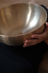 Singing copper bowl. Yoga, relaxation and meditation. Sound therapy, alternative medicine