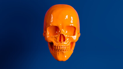 Yellow skull 3d illustration 3d rendering skull scan on blue background. Human scull 3d rendering. Yellow death's-head. Scary halloween dead skeleton head symbol
