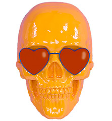 Yellow skull in red heart glasses 3d illustration 3d rendering skull scan on transparent background. Human scull 3d rendering. Yellow death's-head. Scary halloween dead skeleton head symbol