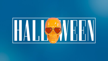 Yellow skull in red heart glasses 3d illustration 3d rendering skull scan on blue background with text "Halloween". Human scull 3d rendering. Yellow death's-head. Scary dead skeleton head symbol