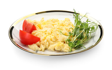 Plate of tasty scrambled eggs, tomatoes and green sprouts on white background