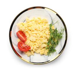 Plate of tasty scrambled eggs, tomatoes and green sprouts on white background