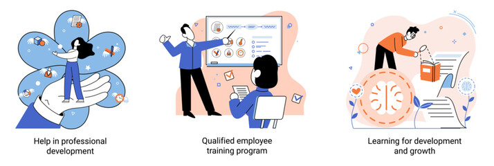 Help in professional development. Qualified employee training program. Learning for software development and growth. Agile project management devOps team, project life scrum meeting. Creative metaphor