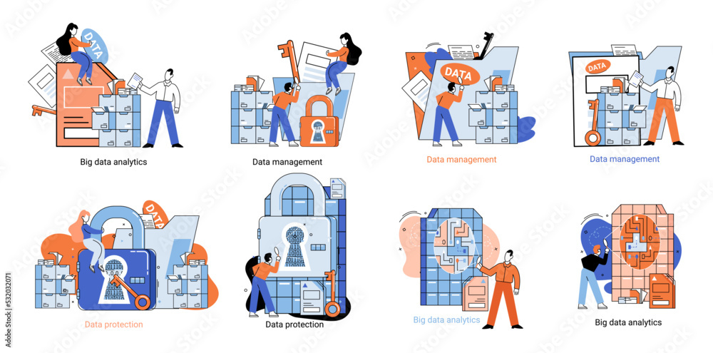 Poster big data analytics platform, data management and protection creative metaphor set abstract concept. 