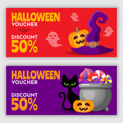 Set of Happy Halloween banners and gift vouchers. Happy Halloween banner design template. Vector illustration