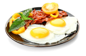 Plate of tasty fried eggs with bacon and vegetables on white background