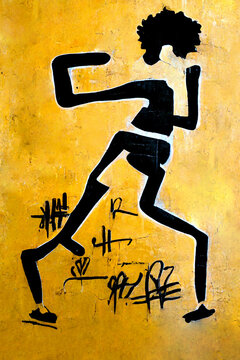 Afro People Abstract Stencil Figure Dancing. Street Art And Grunge Graffiti Illustration. Realistic Render Grunge Wall.