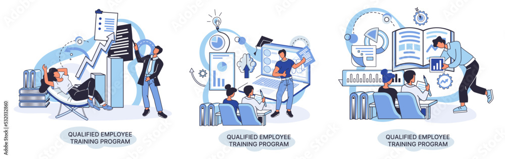Poster qualified employee training program. refresher course metaphor. help in professional development. le