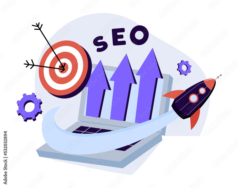 Poster seo optimization with rocket for marketing social media website on laptop concept. interface for web