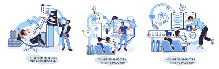 Qualified employee training program. Refresher course metaphor. Help in professional development. Learning for software development and growth. Agile project management team project life scrum meeting