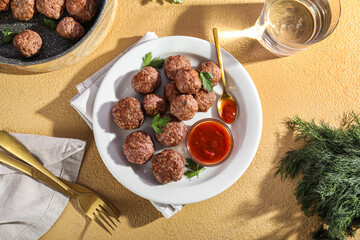 Plate with tasty meat balls, parsley, sauce, glass of water and napkin on beige background