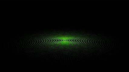 Digital vibration and sound, flat plate. Circle flatness rings with points and particles on the dark background. Vector illustration.