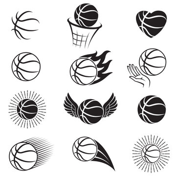 monochrome collection of various basketball balls isolated on white background