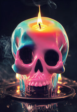 Illustration Of A Colourful Halloween Skull Candle Dripping And Melting Into Wax Puddle.