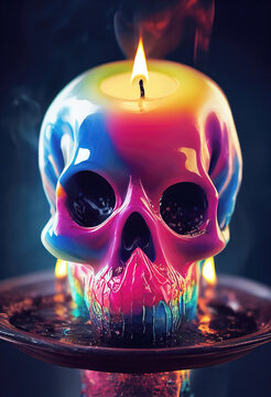 Illustration Of A Colourful Halloween Skull Candle Dripping And Melting Into Wax Puddle.