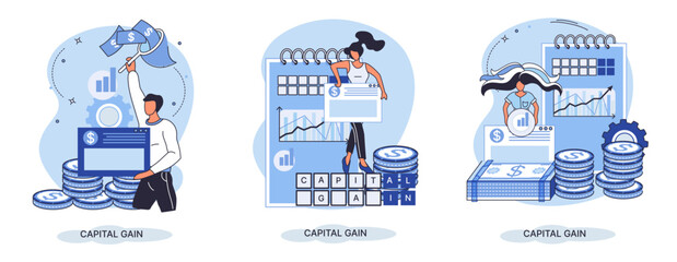 Capital gain, net income, monetary profit and growing graph up. Economic growth, income from investments. Metaphor of business success. Difference between purchase price of an asset and its sale price