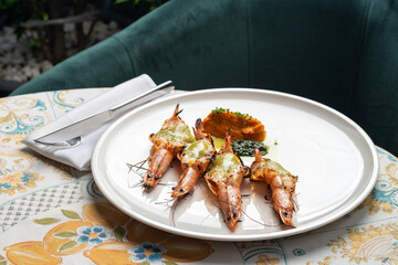 Grilled King Tiger Prawn with sauce food concept