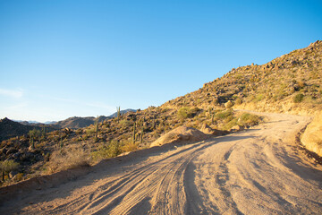 Arizona desert path on mountain at sunset with cacti and mountains in the background