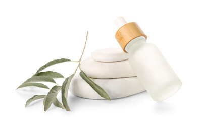 Bottle of essential olive oil and spa stones on white background