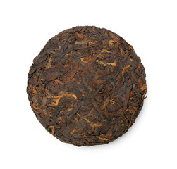 Dry pressed puer tea on white background