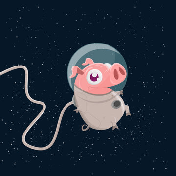 funny illustration of a astronaut cartoon pig in space
