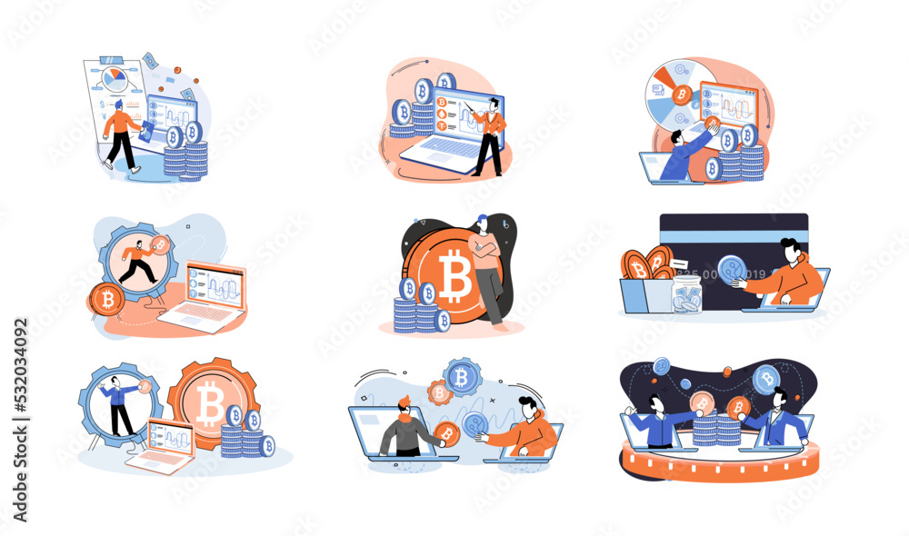 Poster cryptocurrency bitcoin mining metaphor blockchain exchange platform. cyber banking procedures, bitco
