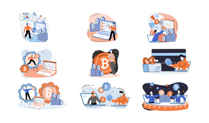 Fototapeta premium Cryptocurrency bitcoin mining metaphor Blockchain exchange platform. Cyber banking procedures, bitcoin trading, wallet. Ecurrency transactions. Digital currency, cryptocurrency market, hidden mining
