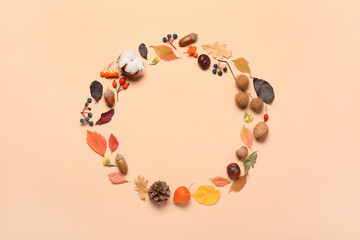 Round frame made of natural forest decor on color background