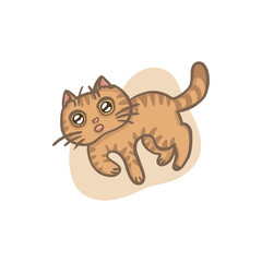 Fototapeta premium Happy funny amusing cat in pastel color. Sticker playing kitten in hand drawn style. Pet animal isolated on white background. Vector illustration.