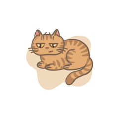 Funny amusing cat in pastel color. Sticker kitten in hand drawn style. Icon pet animal in lying pose isolated on white background. Vector illustration. Еmotion of bewilderment.