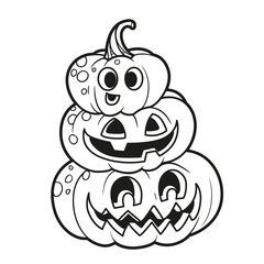 Three lantern from pumpkins with the cut out of a grin stand one on another in the shape of a pyramid outlined for coloring page isolated on white