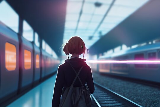 3D illustration of an anime girl standing near the train. Railway. 3d-render