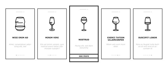 wine glass red drink alcohol onboarding mobile vector. cup bar, merlot party, cabernet bottle, champagne liquid, restaurant, goblet wine glass red drink alcohol color line illustrations