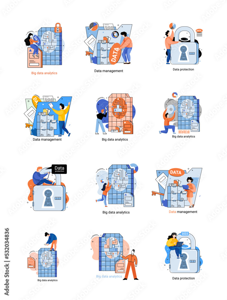 Aufkleber big data analytics platform, data management and protection creative metaphor set abstract concept. 