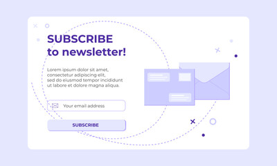 Subscribe to newsletter banner with letter. Email marketing vector banner for subscription to newsletter, news, offers, promotions.