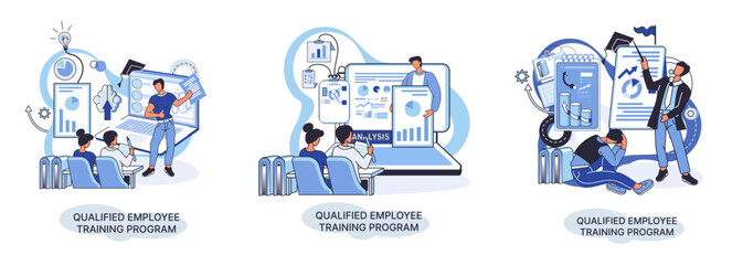 Qualified employee training program. Refresher course metaphor. Help in professional development. Learning for software development and growth. Agile project management team project life scrum meeting