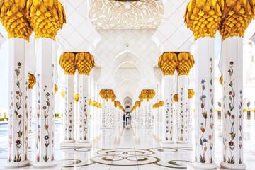 Pillars of Sheikh Zayed Mosque during a Sunny Day in Abu Dhabi
