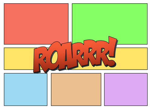 A comic book panel made of many regular boxes, each filled with a different color, and the text onomatopoeia Roarr with an exclamation mark; isolated.
