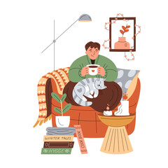 Smiling girl in warm clothes rests in armchair, holds a cup of warm drink