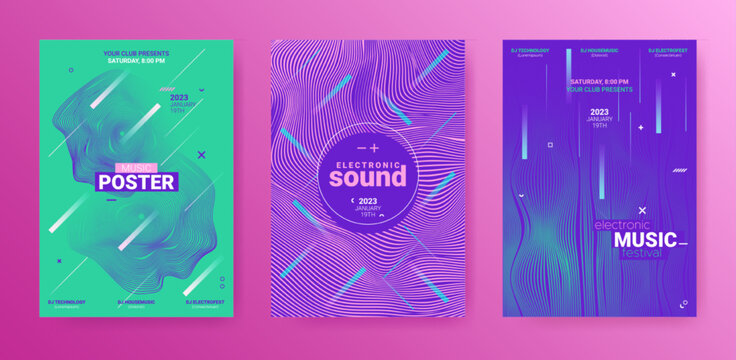 Electronic Music Flyers Set. Geometric Sound Rhythm. Vector Dj Illustration. Electro Music Flyers Set. Techno Dance Cover. Gradient Wave Line. Abstract Edm Banner. Electronic Music Flyers.