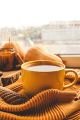 Cup of hot tea, sweater, candle and pumpkins, autumn atmosphere