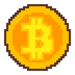 Pixel art: a golden bitcoin coin, isolated.
