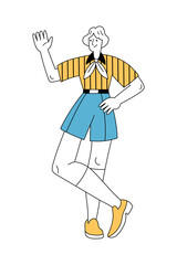 Cheerful man in retro 1960s or 1970s clothes walking and waving hand