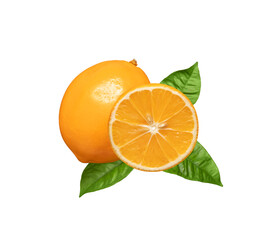 Orange citrus fruit isolated on a transparent background. Citrus meyeri orange lemon. Juicy fruit with leaves closeup.