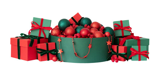 Christmas composition with gifts and festive decor isolated on a transparent background. Red and green Christmas decorations. Happy New Year.