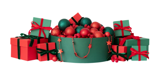 Christmas composition with gifts and festive decor isolated on a transparent background. Red and green Christmas decorations. Happy New Year.