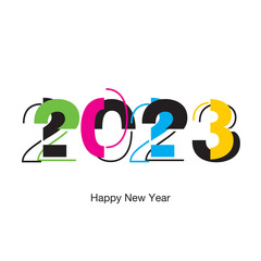 Happy New Year 2023 modern futuristic abstract colorful black light typography logo icon design white greeting card