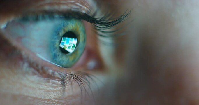 Closeup eye, reflection and computer screen light while reading, doing online research or work. Macro or zoom of vision, eyesight and monitor while using the internet to browse and attain knowledge